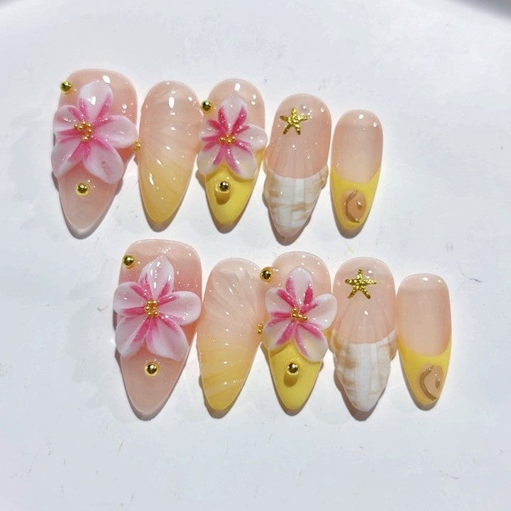 365nails-Beach Blossom: "3D Floral & Shell" – Medium Almond Handmade Nails
