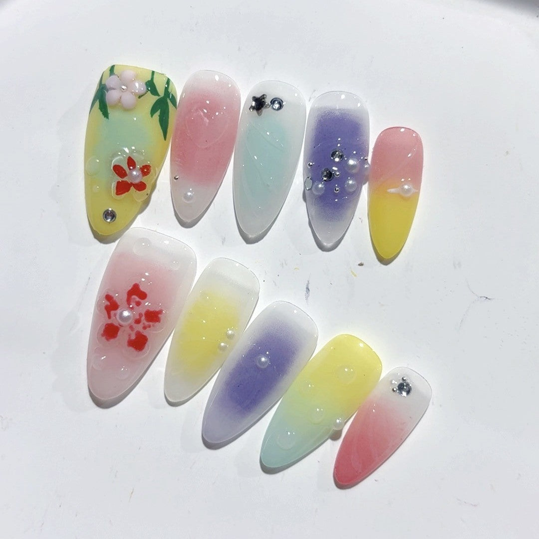 Rainbow Bloom: "Candy Garden" – Unhas Postiças de Amêndoa