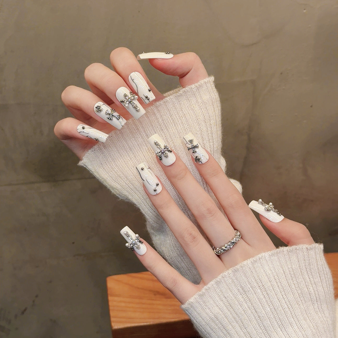 War nails White Rectangular Cross Sticked Diamond Steel Ball Hand Painted Niche Spice Girl press-on nails handmade press on nails Art Removable | 365nails