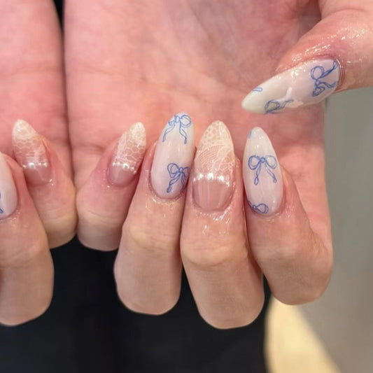 French blue bow press-on nails