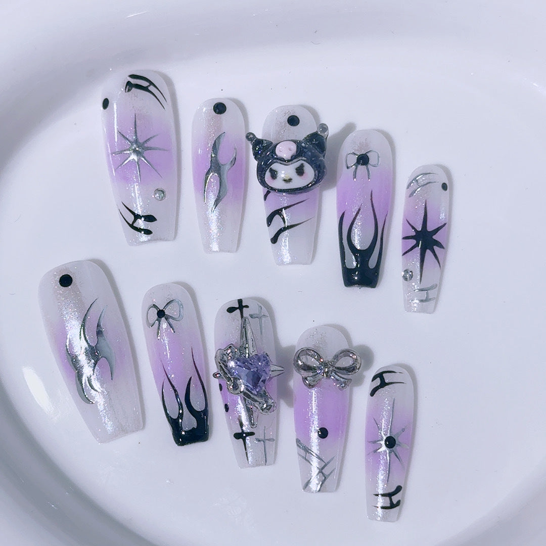 Y2K Press-On Nails with Purple Flames and Cute Kuromi Charm