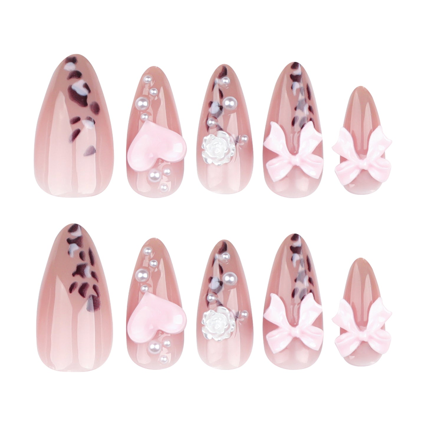3D girl pink bow love  pearl leopard print manicure fake nail three-dimensional camellia nail piece｜365nails