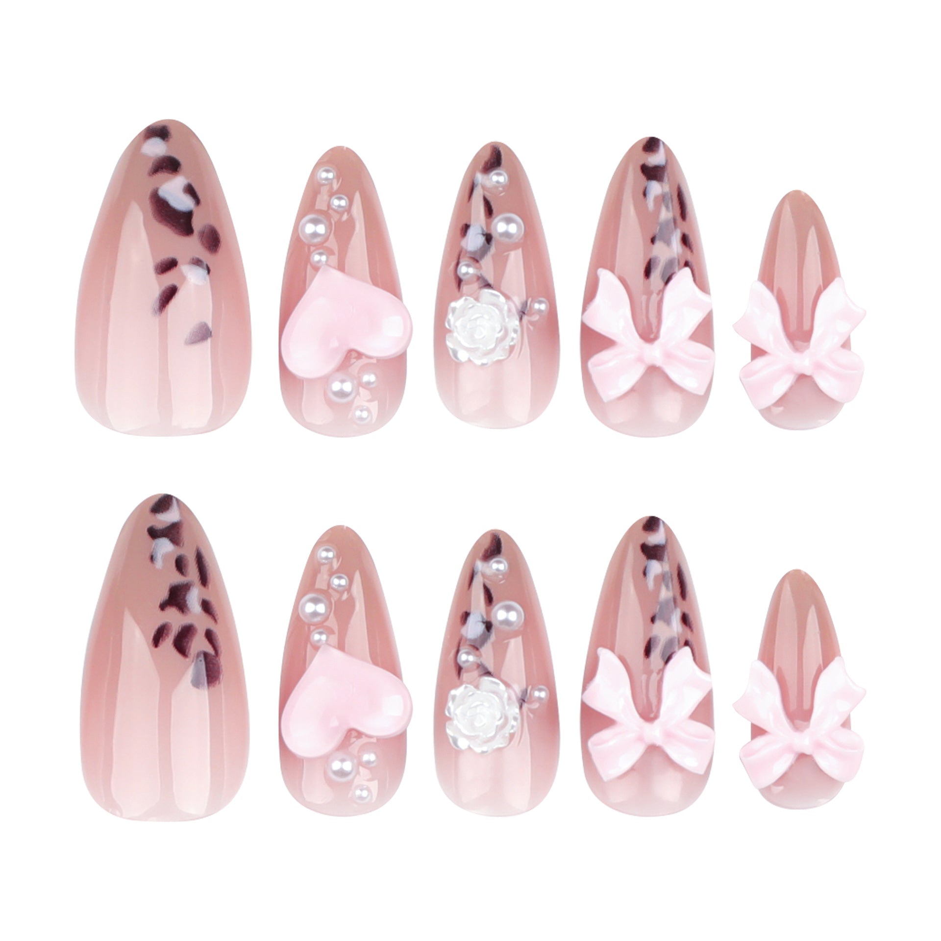 Unhas postiças de manicure com estampa de leopardo e laço rosa 3D para meninas, peça tridimensional de camélia ｜365nails