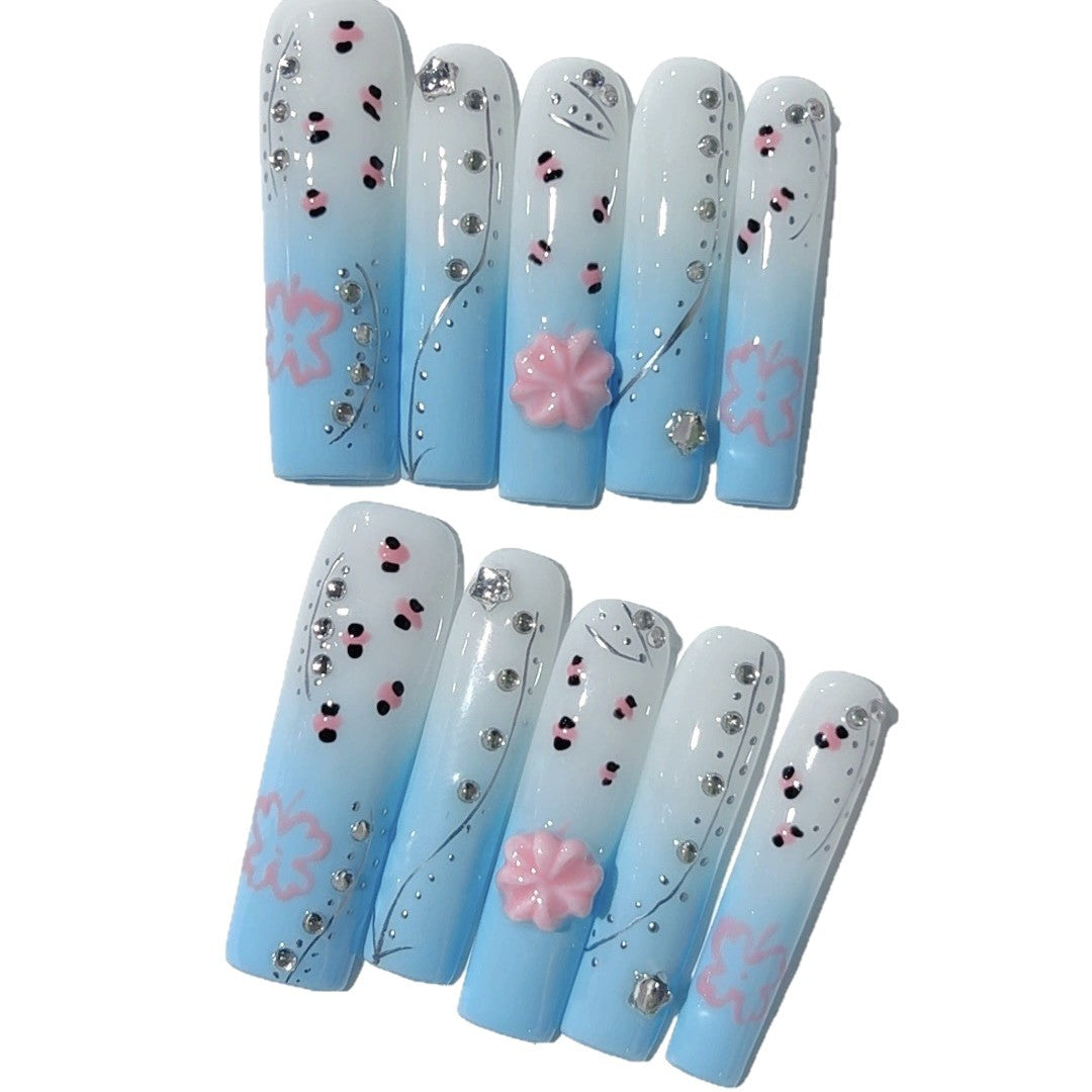 Blue Ombre Floral Crystal Elegant Press On Nails