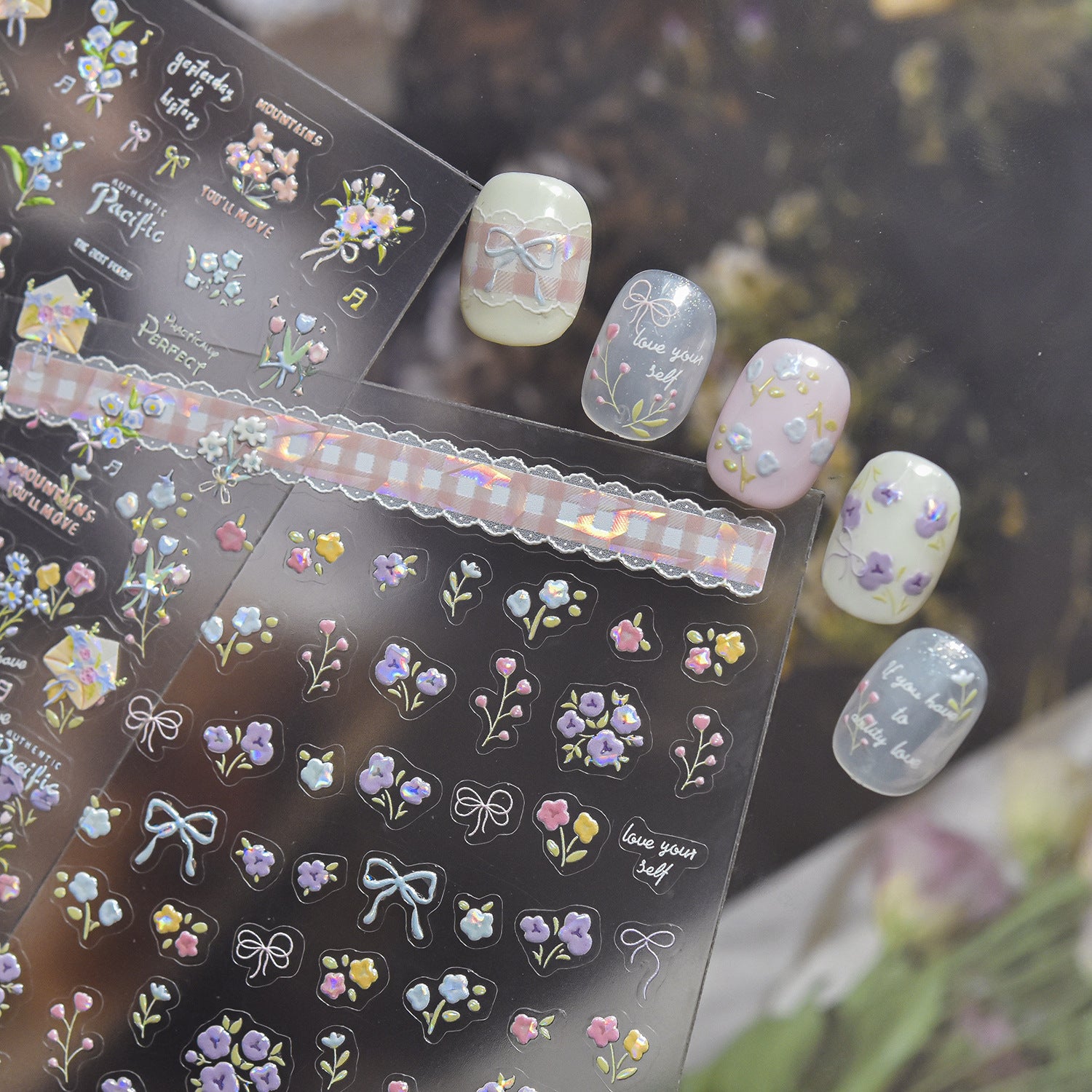 粉彩花卉系列：「溫柔花朵蝴蝶結」— 3D 浮雕甲貼