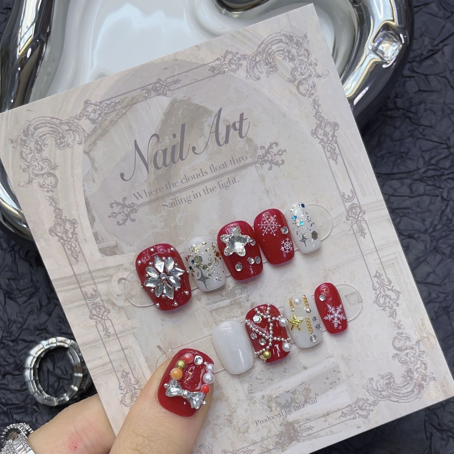 Red and White Christmas Press‑On Nails – Snowflake & Bow Design