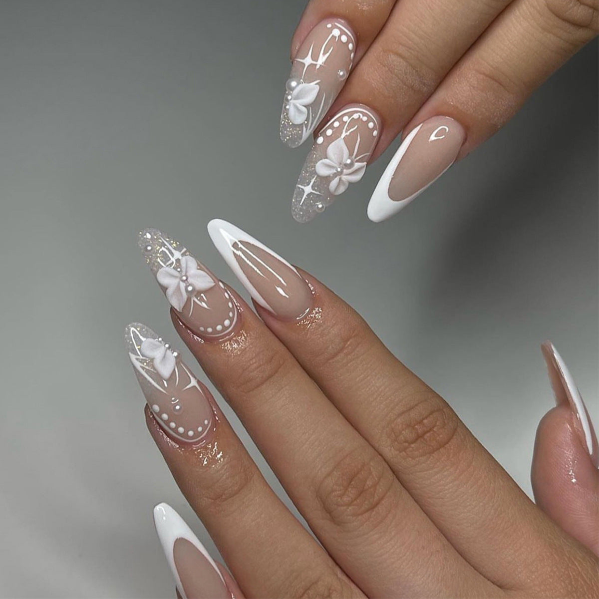 Ongles press-on nœud 3D manucure française blanche célébrité Internet désir pur Xingmang produit fini en gros｜365nails