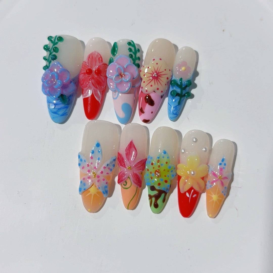 Rainbow Garden: "Mixed Floral" – Almond Press-On Nails