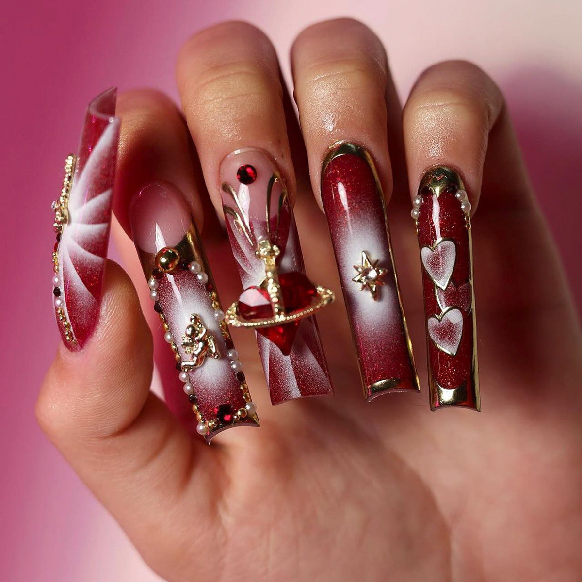 Uñas francesas con destellos explosivos de diamante, especiales para uñas artísticas, parches de uñas con gemas de amor planetario, venta al por mayor | 365nails