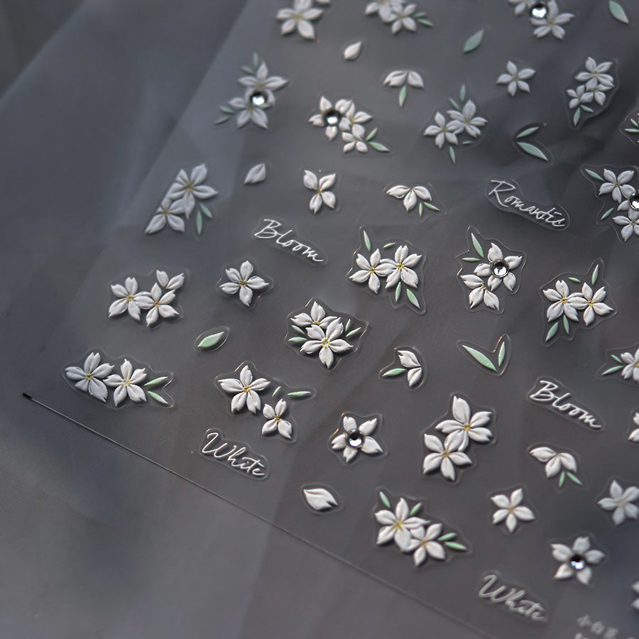 White Floral Crystal Nail Stickers – 5D Embossed Fresh Bloom Set
