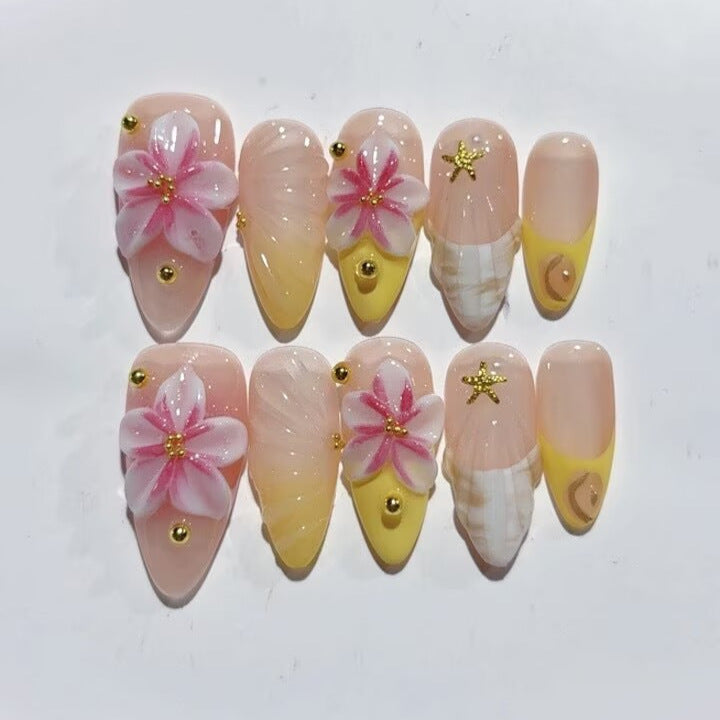 Tropical Bloom: "Brilho de Hibisco Rosa" – Unhas Postiças Artesanais Formato Amêndoa