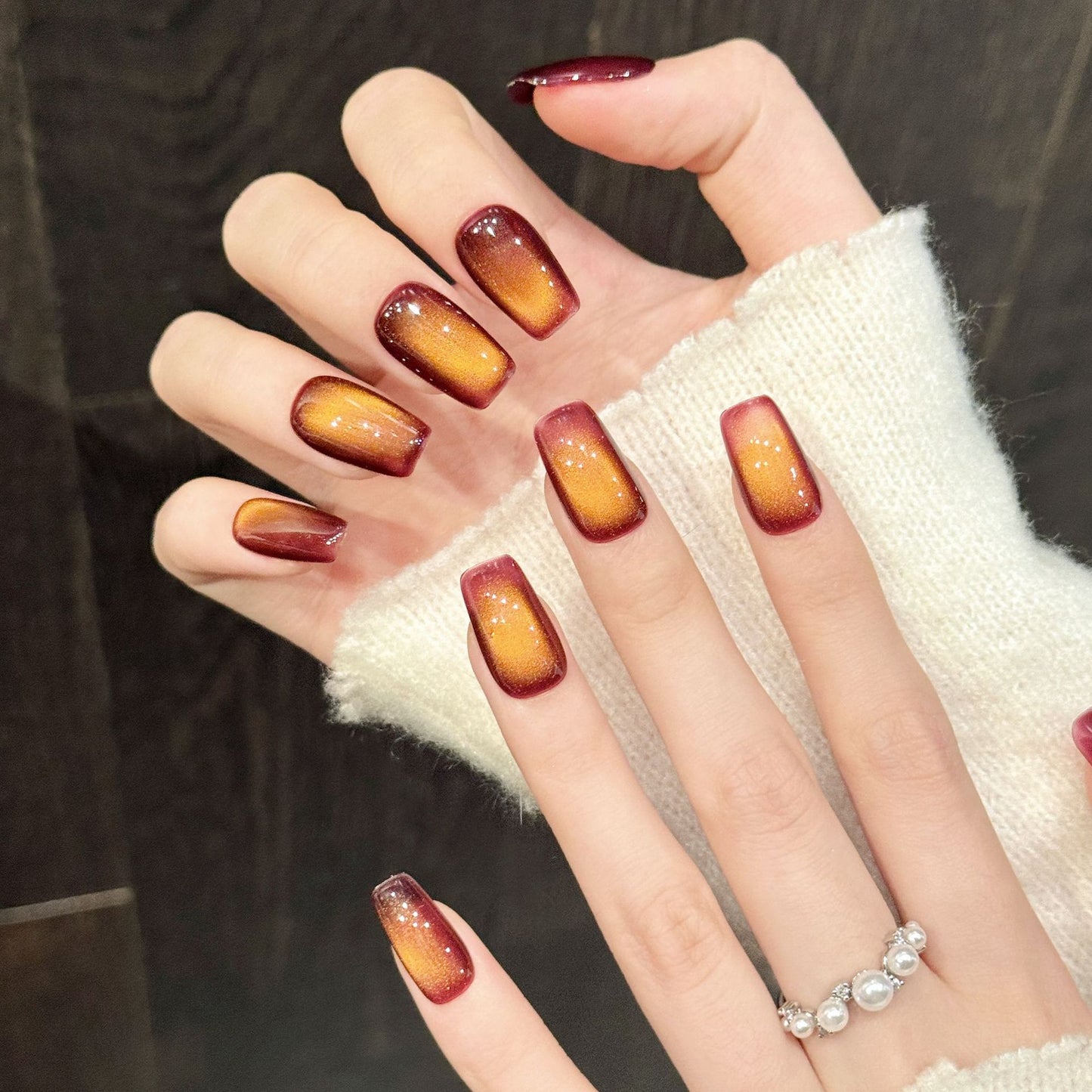 Burnt Orange Red Glitter Gradient Press On Nails