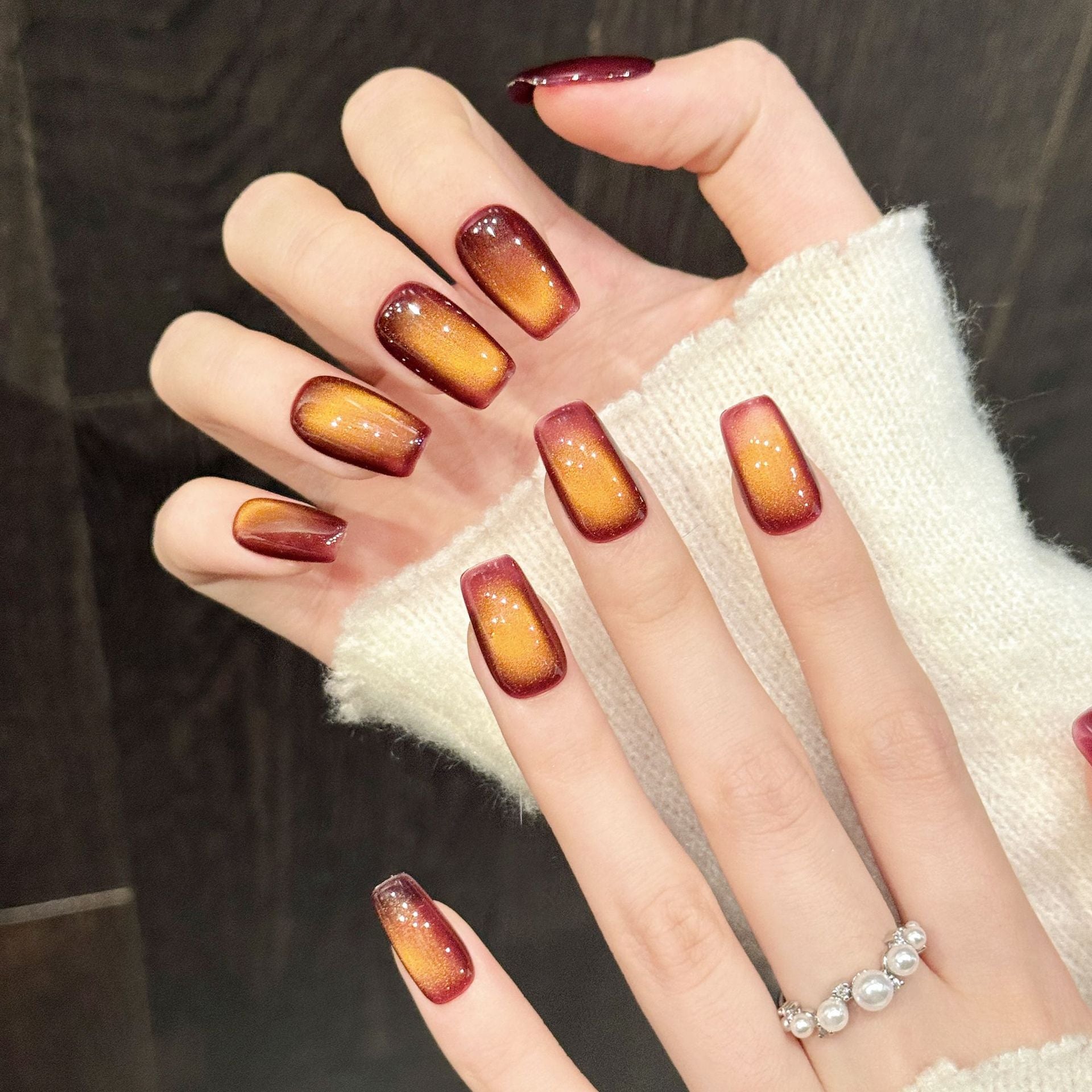 Burnt Orange Red Glitter Gradient Press On Nails