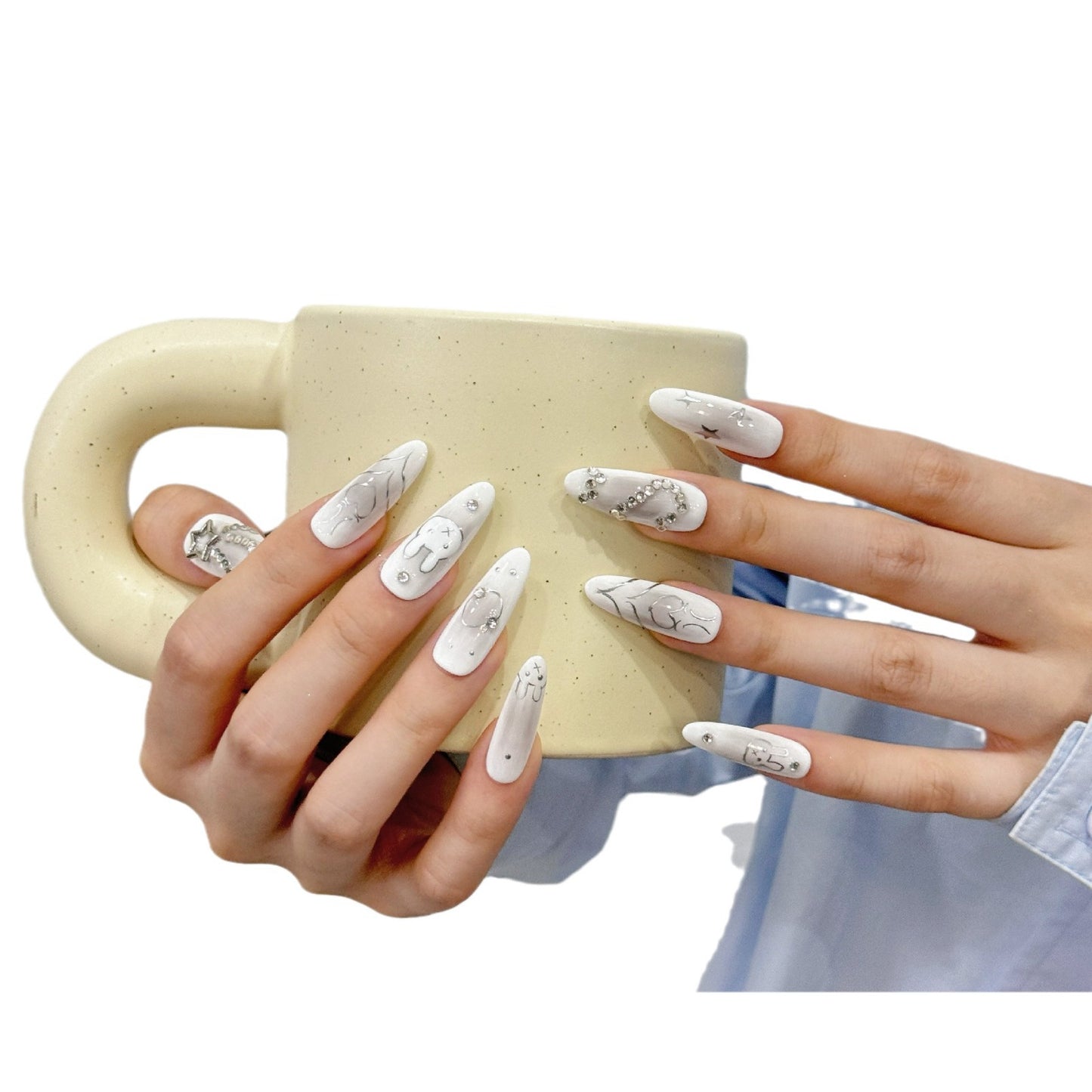 Unhas postiças artesanais com estampa de coelho, pintadas à mão, estilo Spice Girls, com pelo de coelho, diamante, branco escuro e retrô, avançado, feitas à mão | 365nails