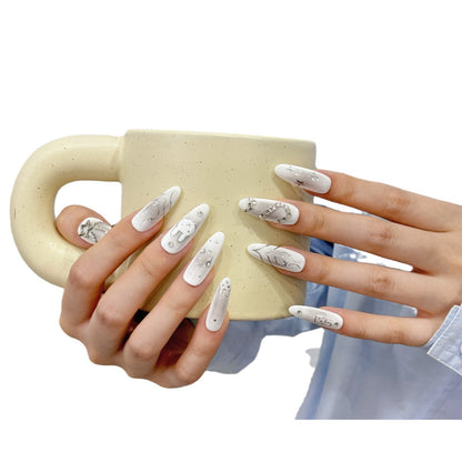 Unhas postiças artesanais com estampa de coelho, pintadas à mão, estilo Spice Girls, com pelo de coelho, diamante, branco escuro e retrô, avançado, feitas à mão | 365nails