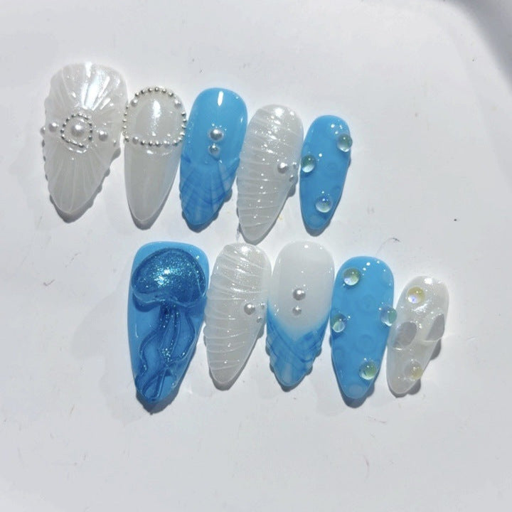 365nails: "아주르 쉘 머메이드" – 미디엄 아몬드형 블루-화이트 쉘 수제 프레스온 네일