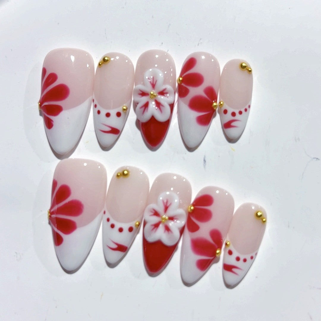 Sakura Whisper: "Crimson Cherry Blossom" – Unhas Postiças Amêndoa