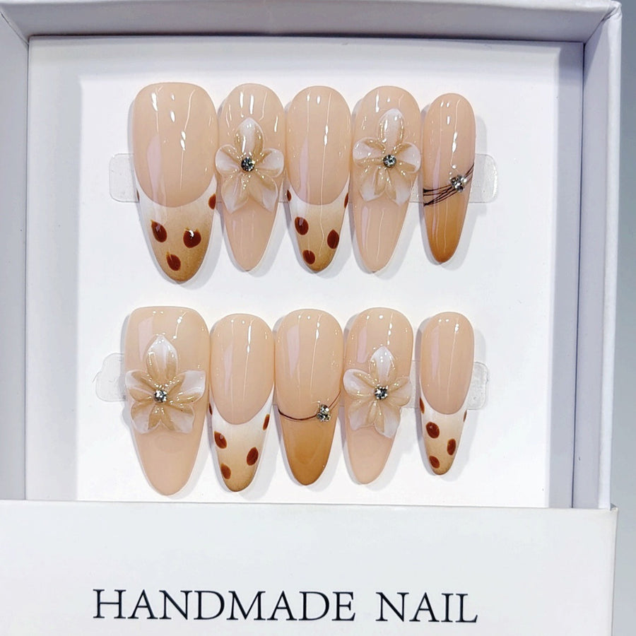 Mocha Blossom: "Leopard & Floral" – Almond Press-On Nails
