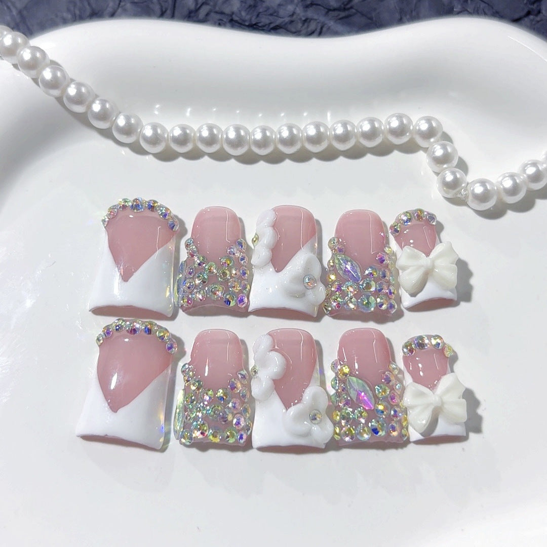 Bridal Elegance: "White Bow Crystal" – Short Square Handmade Press-Ons