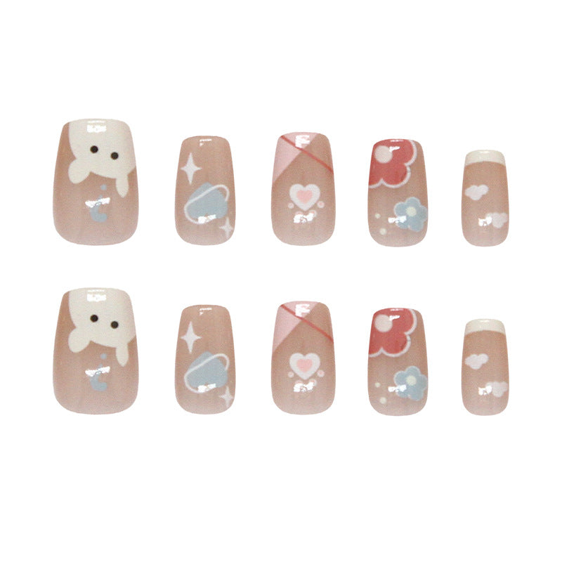 Pontas de unha pré-fabricadas, desenho animado fofo, esquema de cores de animais, flor pequena, amor, oblíqua, francesa, doce, menina, peça de arte de unha removível ｜ 365nails