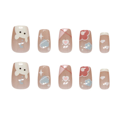 Pontas de unha pré-fabricadas, desenho animado fofo, esquema de cores de animais, flor pequena, amor, oblíqua, francesa, doce, menina, peça de arte de unha removível ｜ 365nails
