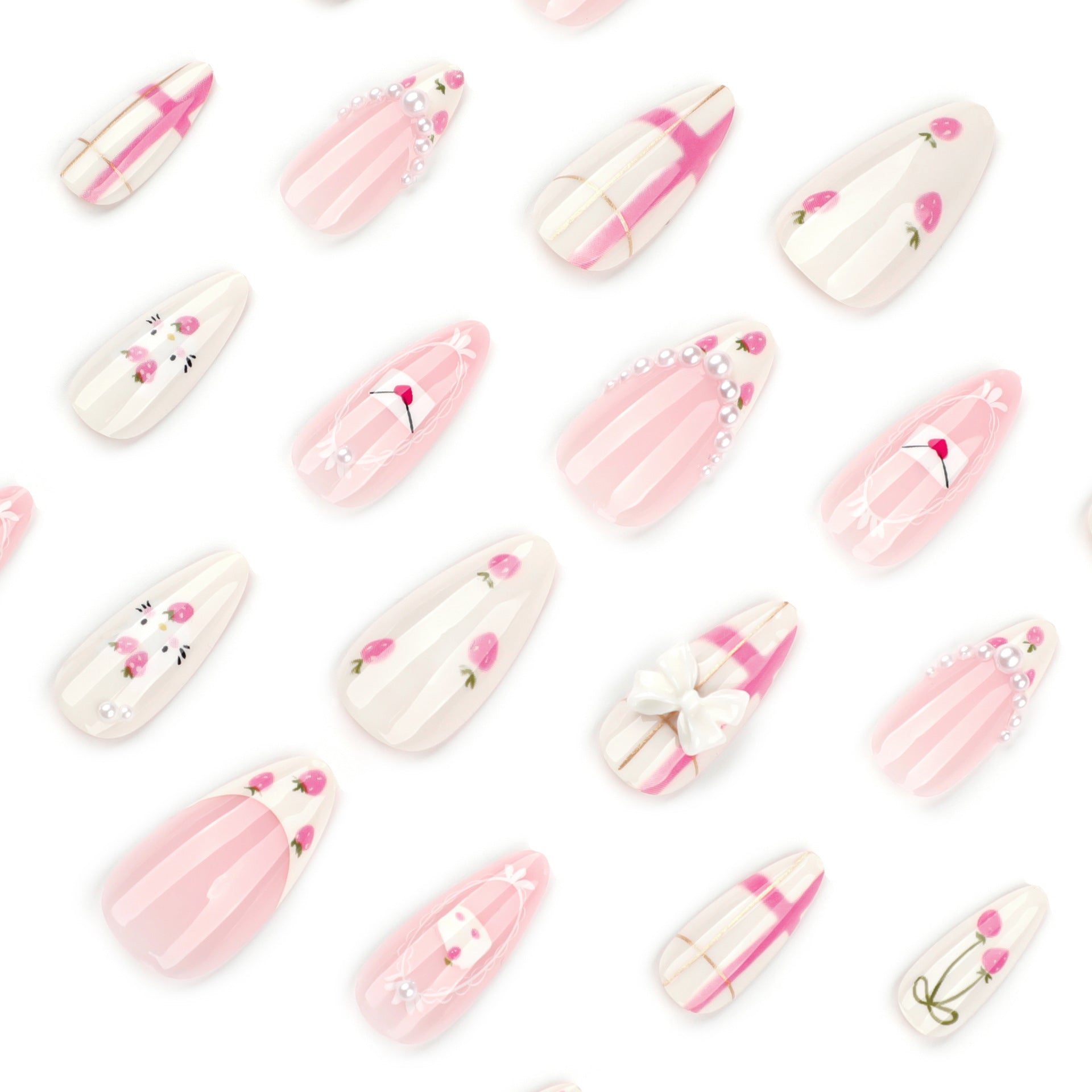 Uñas postizas con diseño de viento para niña, con diseño de almendras, fresas, extraíbles, producto terminado, venta al por mayor | 365nails