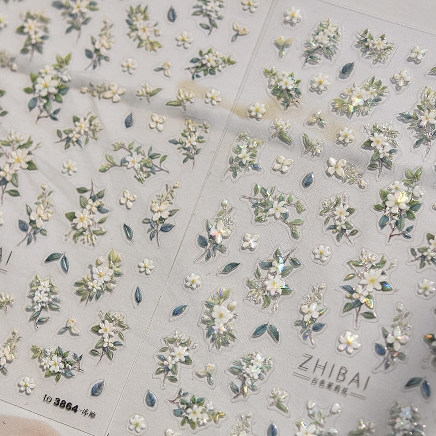 White Jasmine & Green Leaf: "ZHIBAI Pure Jasmine" – 5D Embossed Nail Sticker