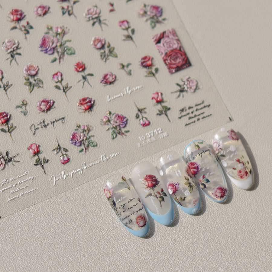 Vintage Rose Nail Stickers –  Embossed Romantic Floral Set