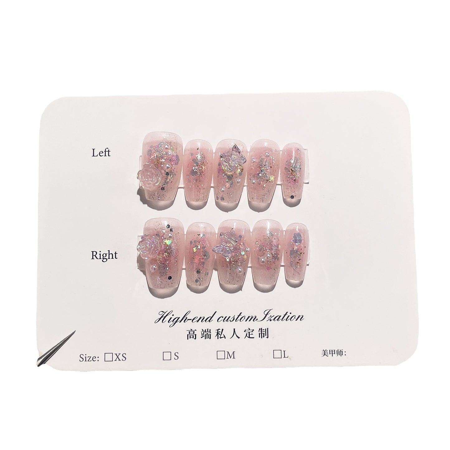 Handmade Press-on Nails blush sparkle three-dimensional camellia short nail patch wearable nail sticker wholesale｜365nails
