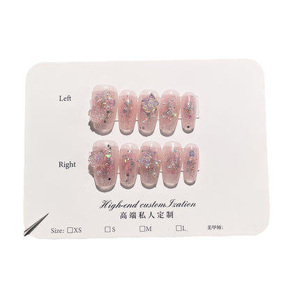 Handmade Press-on Nails blush sparkle three-dimensional camellia short nail patch wearable nail sticker wholesale｜365nails