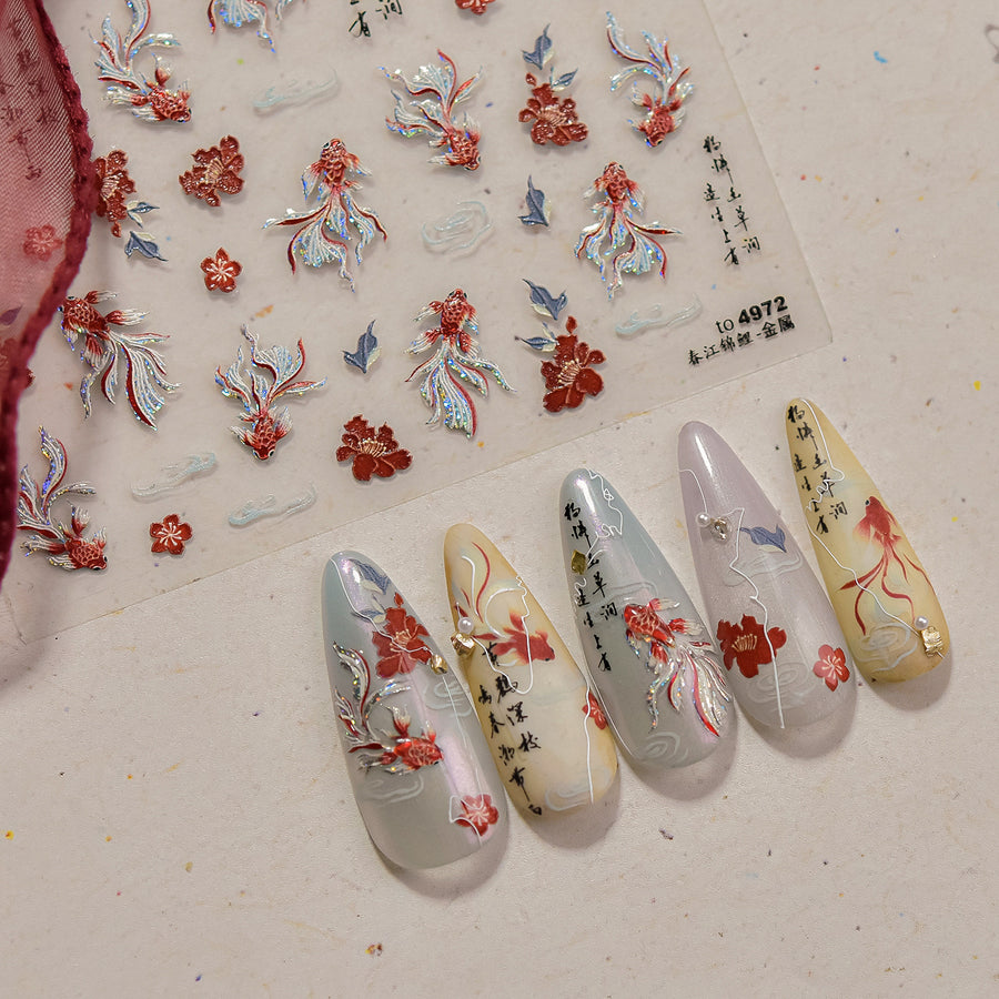 Koi Fish & Plum Blossom Collection: "Oriental Elegance" – 3D Holographic Nail Sticker
