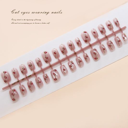 Nail Tips  prefabricated nail, cute press on nails, sweet strawberry, light-chasing cat eye, three-dimensional nail, short T nail patch｜365nails