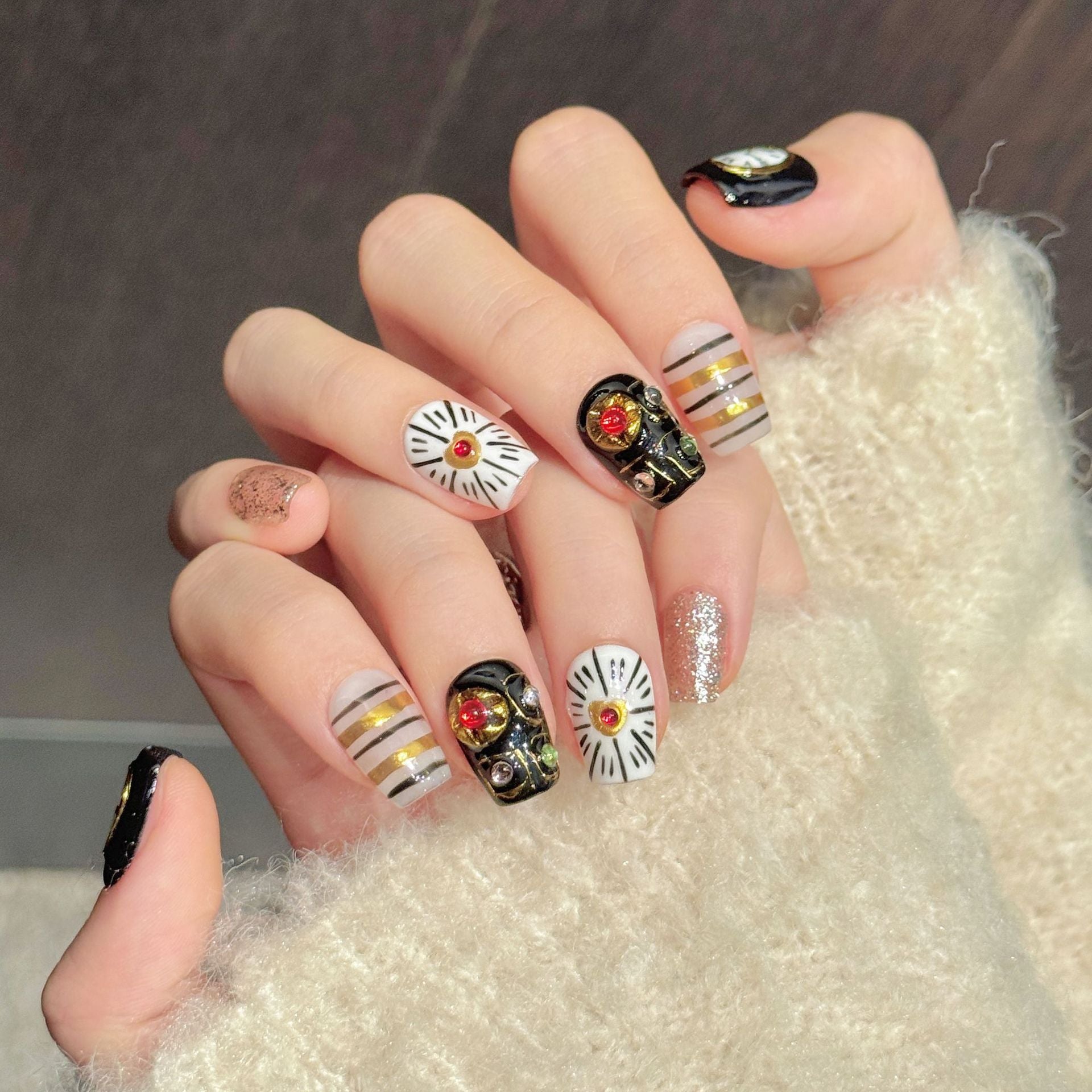 365nails: "Timeless Opulence" – 3D Watch & Heart Handmade Short Almond Nails
