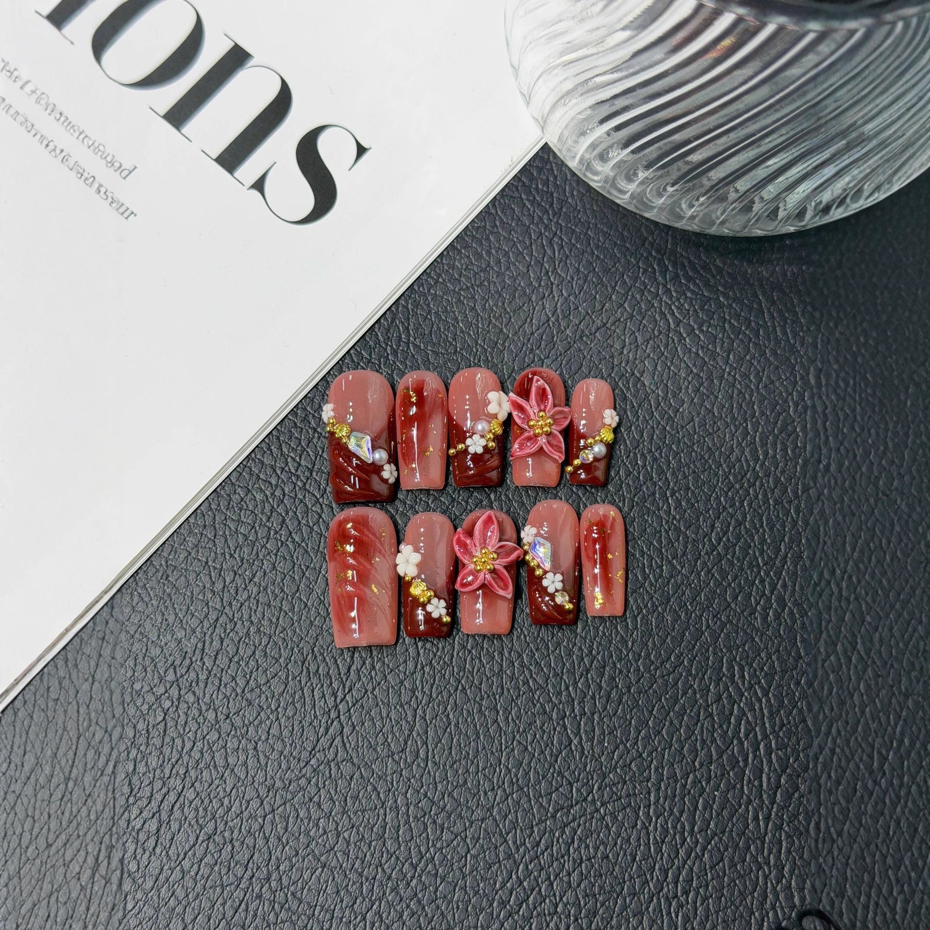 365nails: "Crimson Bloom" – 3D Floral & Glaze Handmade Press on Nails Almond Nails