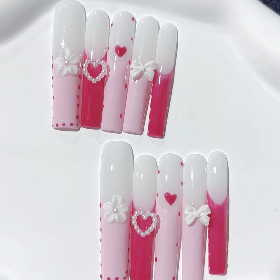 Sweet Heart Bow French Gradient Press On Nails