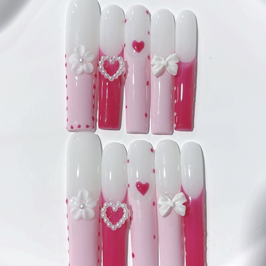 Sweet Heart Bow French Gradient Press On Nails