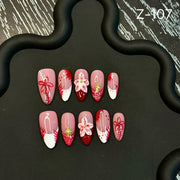 365nails: "Crimson Bloom" – Unhas Amêndoas Artesanais com Fita e Flores Pintadas à Mão