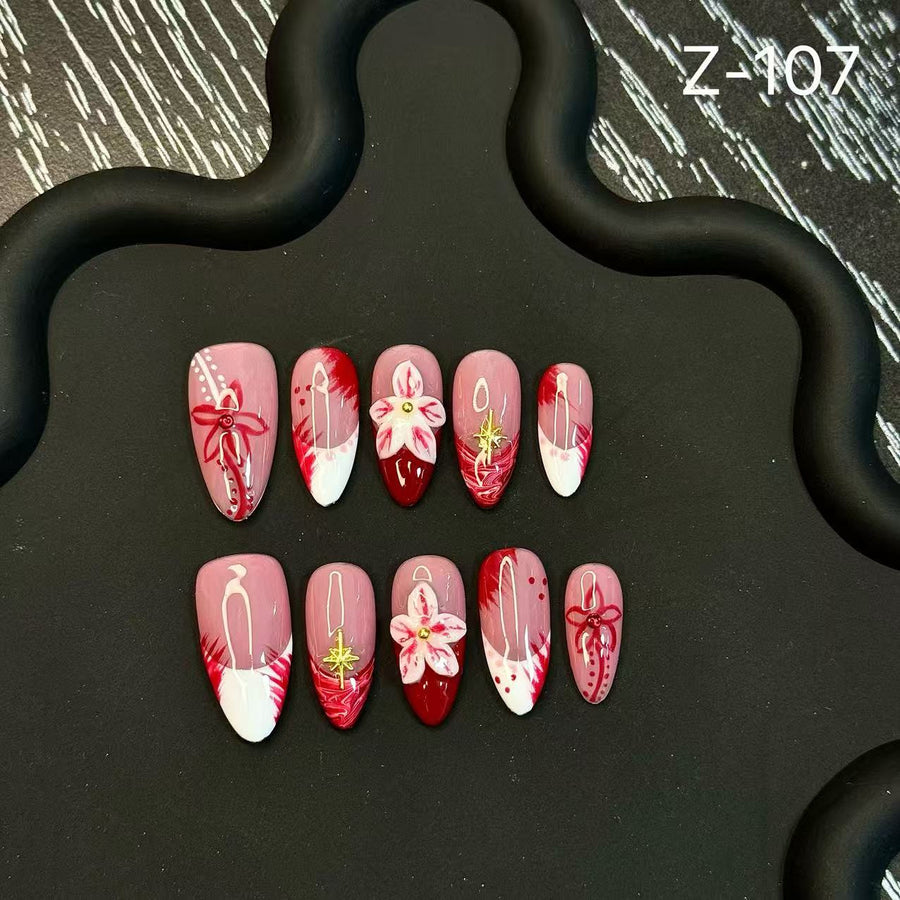 365nails: "Crimson Bloom" – Hand-painted Ribbon & Floral Handmade Almond Nails