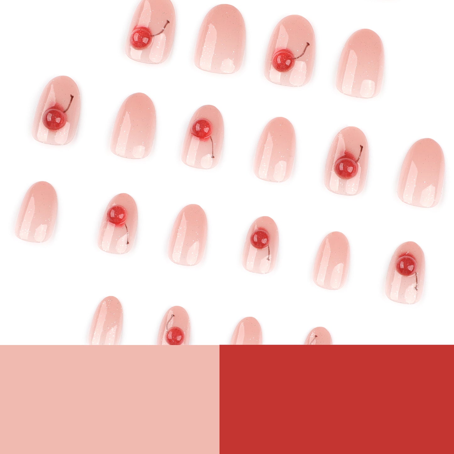 Soft Pink Glossy Nails with Red Cherry Accents