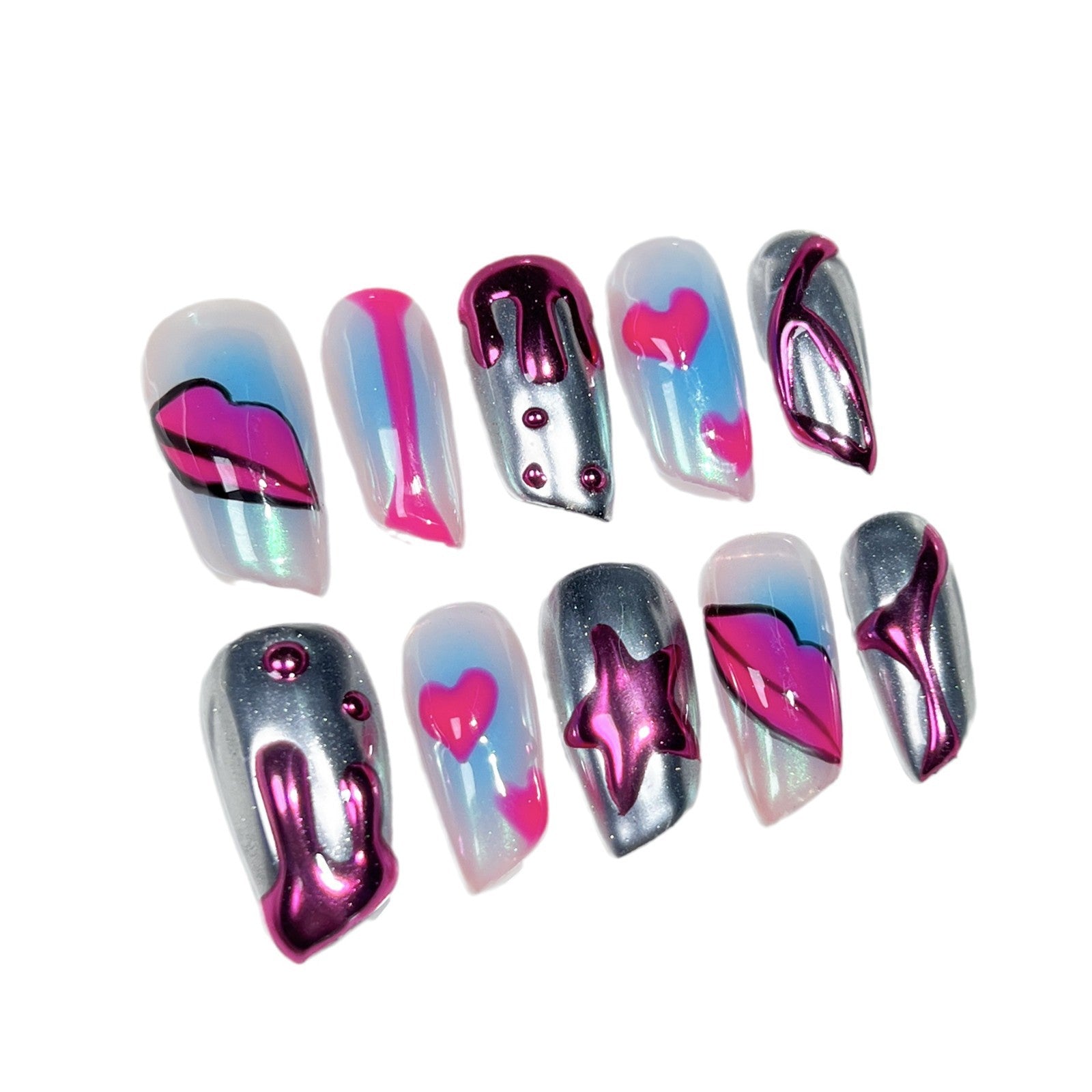 Bold Blush Nails with Sculpted Lip Art and Metallic Pop Accents