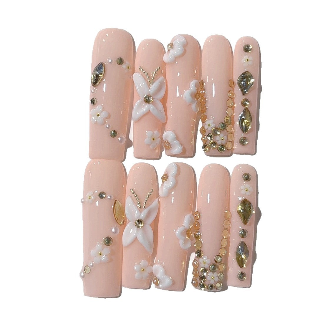 Peach Blossom Pearl Crystal Press On Nail Set