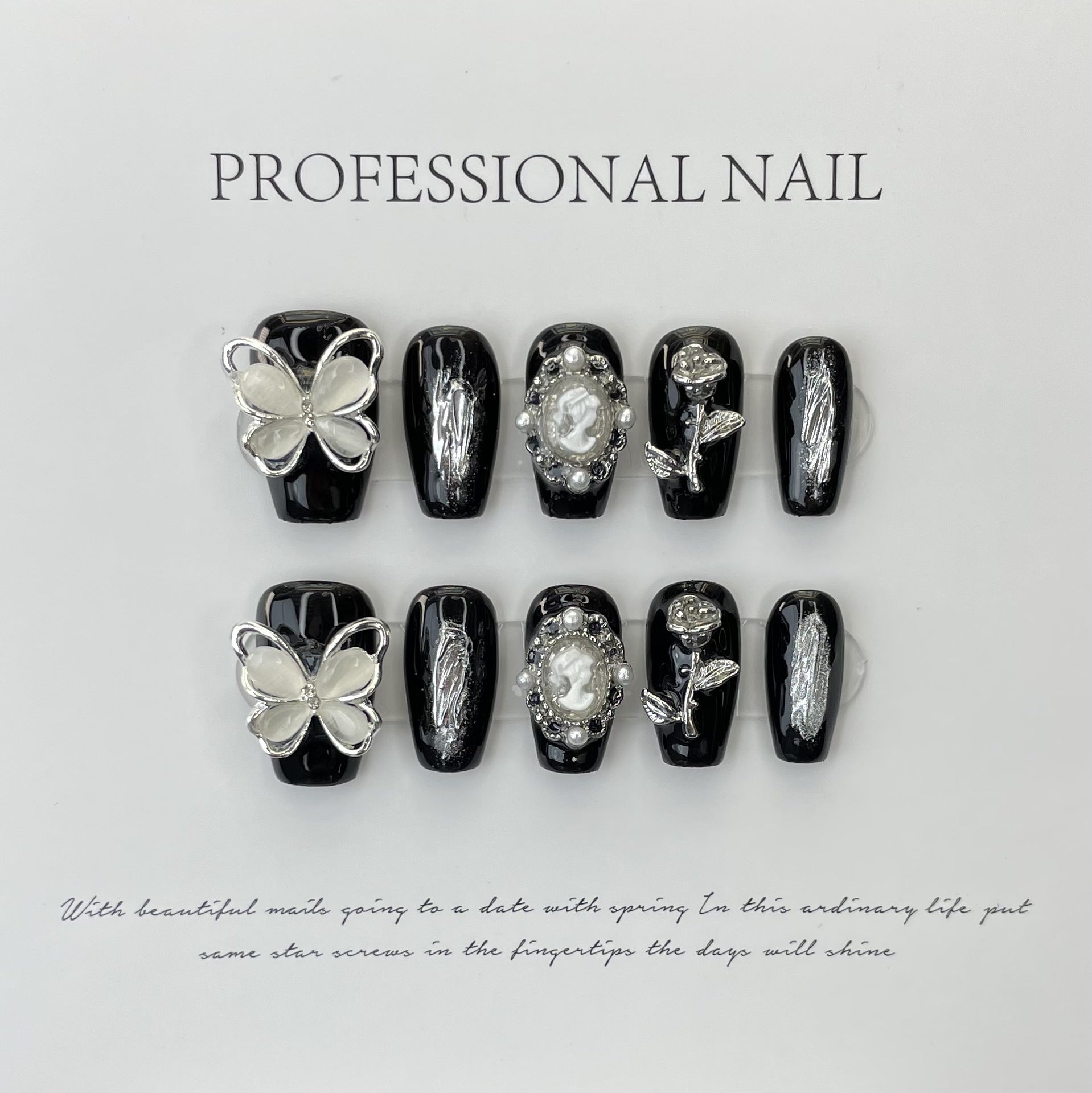 Black Silver Butterfly Gothic Elegant Press On Nails
