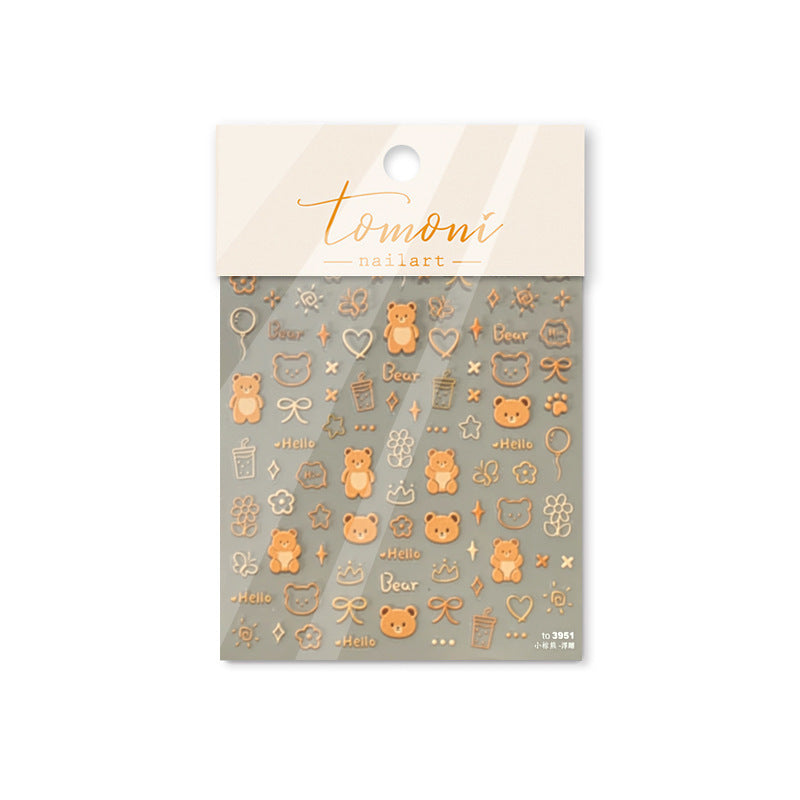 Golden Teddy Bear Nail Stickers – 5D Embossed Cute Retro Set
