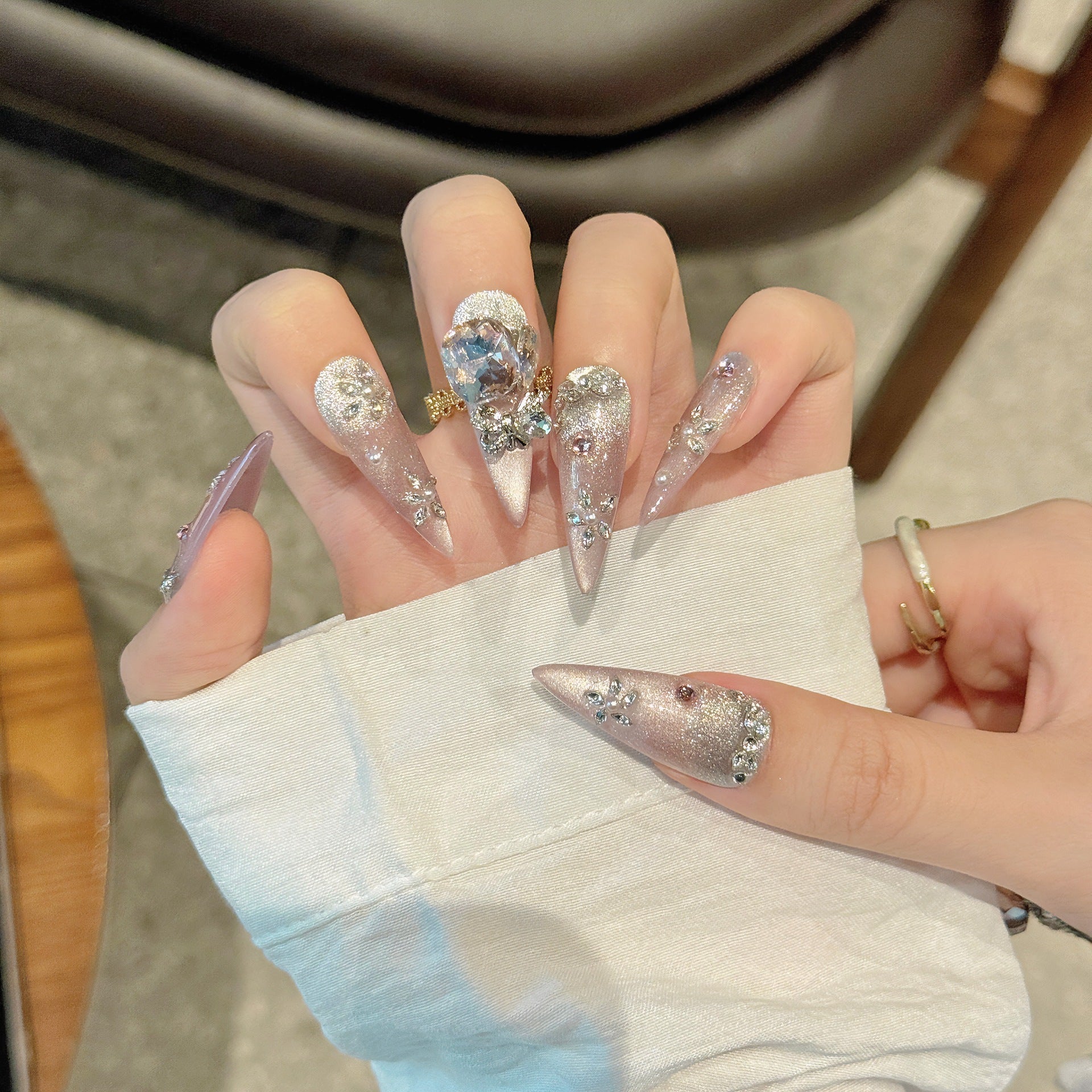 365nails: "Celestial Dream" – Iridescent Cat Eye & Oversized Crystal Handmade Stiletto Nails
