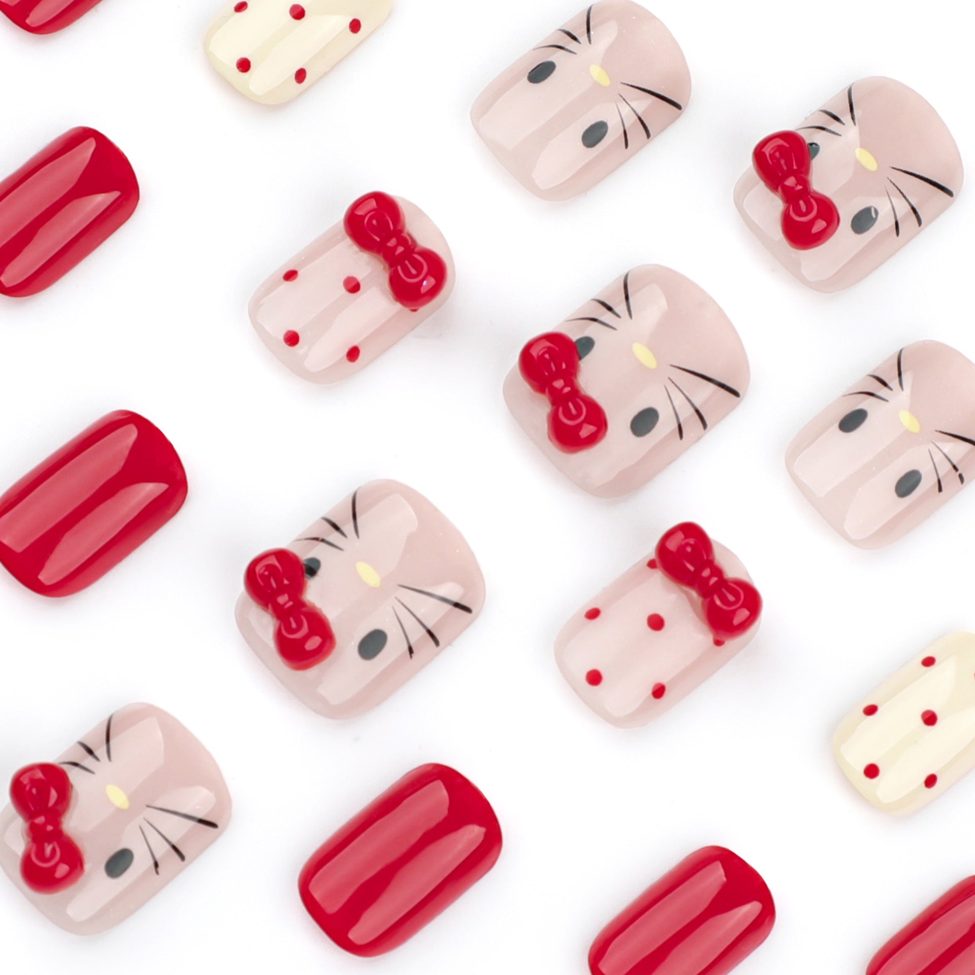 Uñas postizas de gato con diseño de gato, diseño de gato, con punta tridimensional, lazo de diamante, manicura extraíble, diseño de lunares rojos, venta al por mayor | 365nails