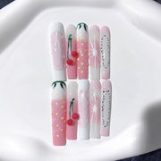 Unhas Postiças em Gel em Tons Pastel Fofas com Gelatina de Fruta de Cereja