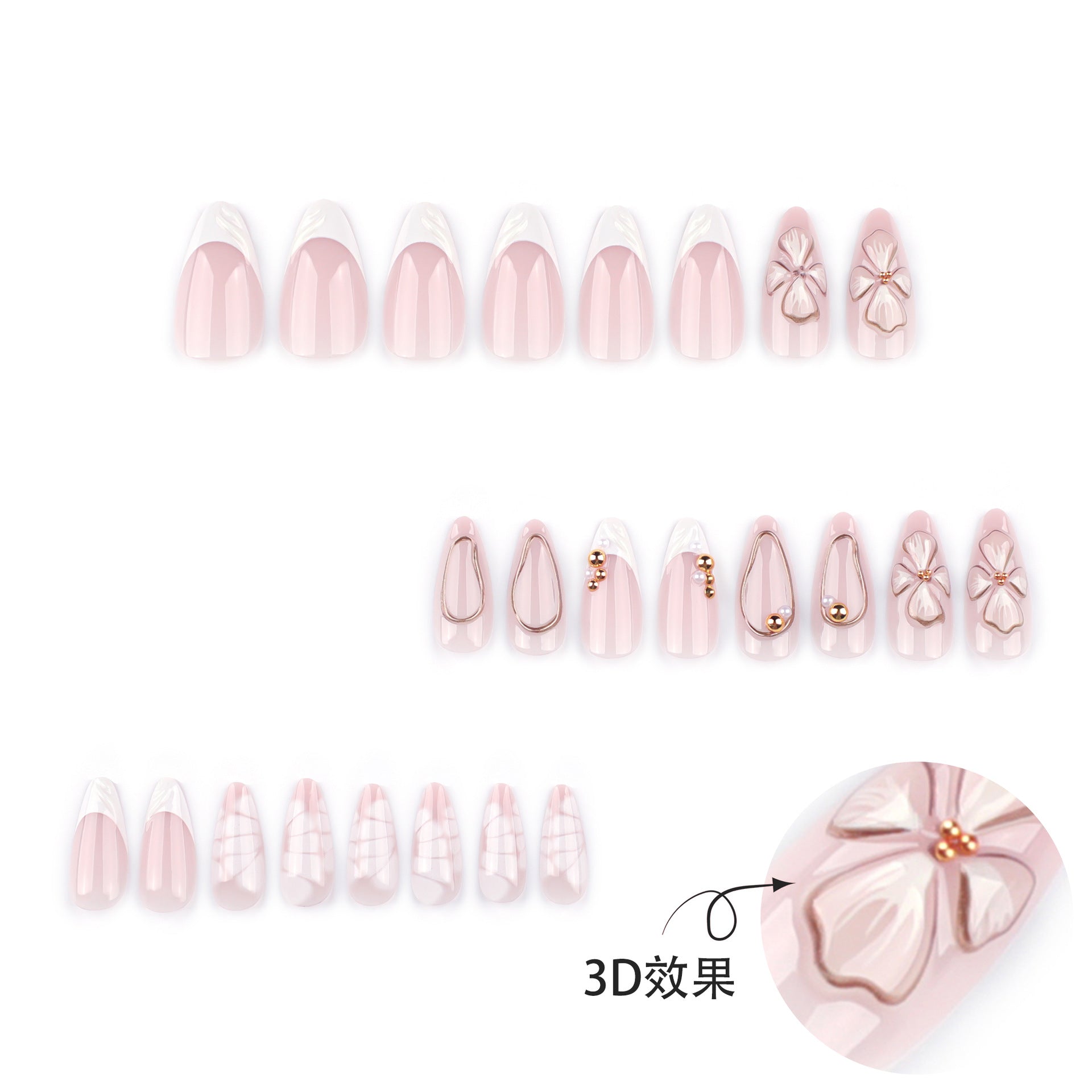 Short almond 3D three-dimensional flower fresh press-on nails