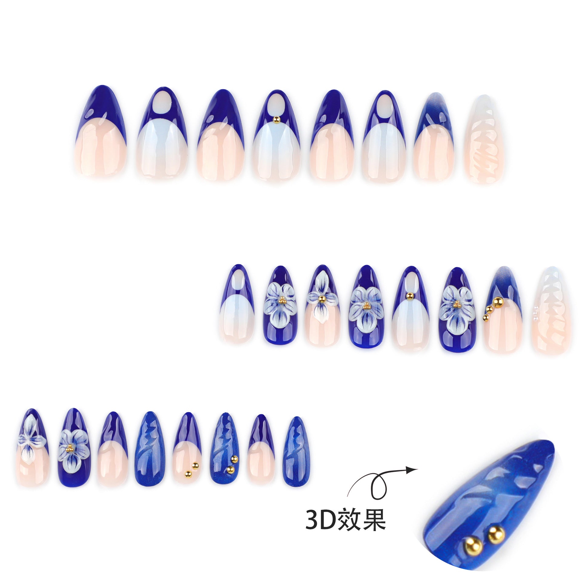 3D Blue Flower Almond Long Removable press-on nails