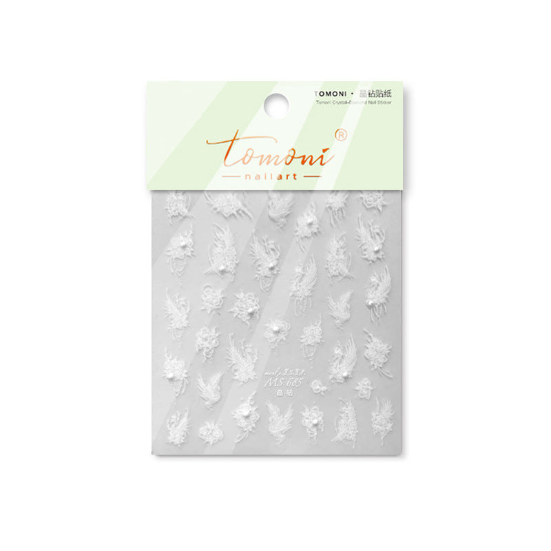 White Lace Feather & Floral: "Ethereal Bridal Lace" – 5D Embossed Nail Sticker