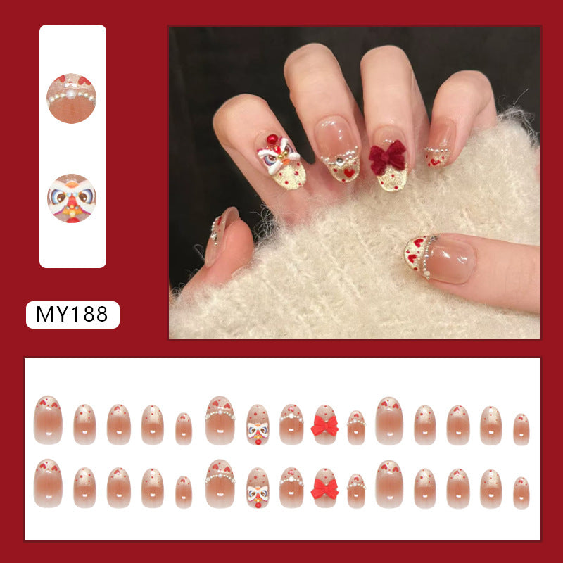 Manicura extraíble con efecto ojo de gato color champán, lazo francés con rubor, danza del león, perla, destello de diamante, 30 piezas｜365nails